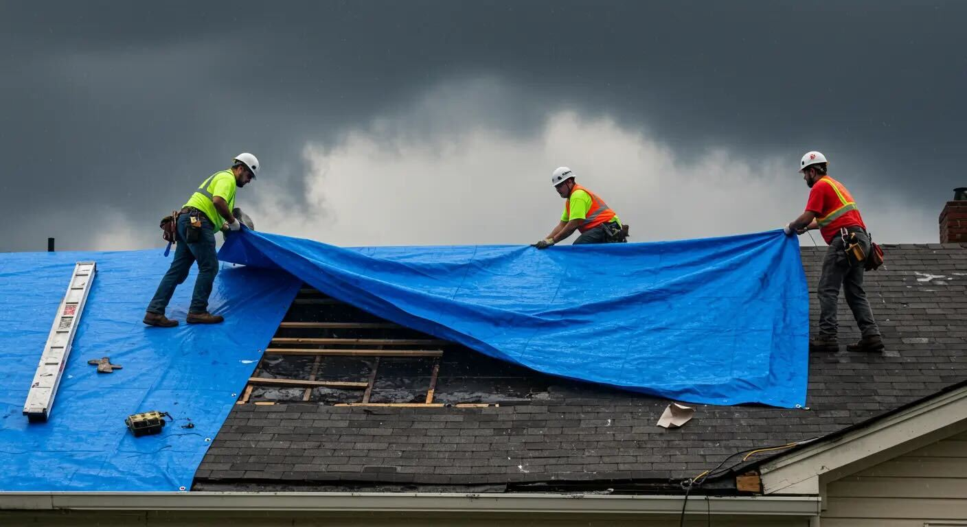 Crew removing worn shingles and installing new roofing on suburban home