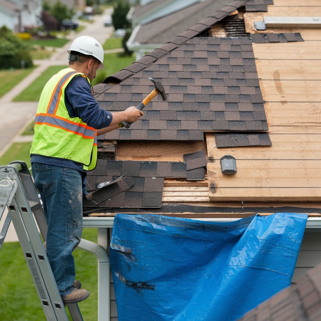 Cedarline Roofing team assessing roof damage in Midland, TX after a severe storm, preparing for expert repairs, Residential Roofing in Fairmont Park - TX as a crew replaces worn shingles on a family home