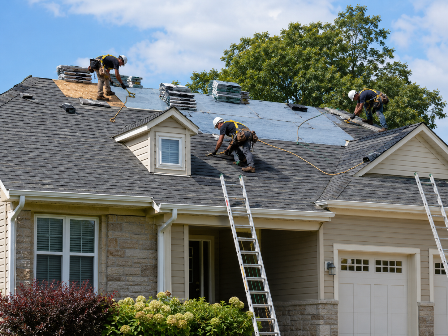 Crew replacing worn residential roof after storm damage on an older Ackerly home
