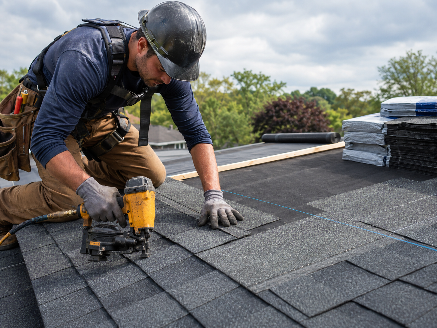 Roofing crew removing damaged shingles from home in McKinney Acres neighborhood