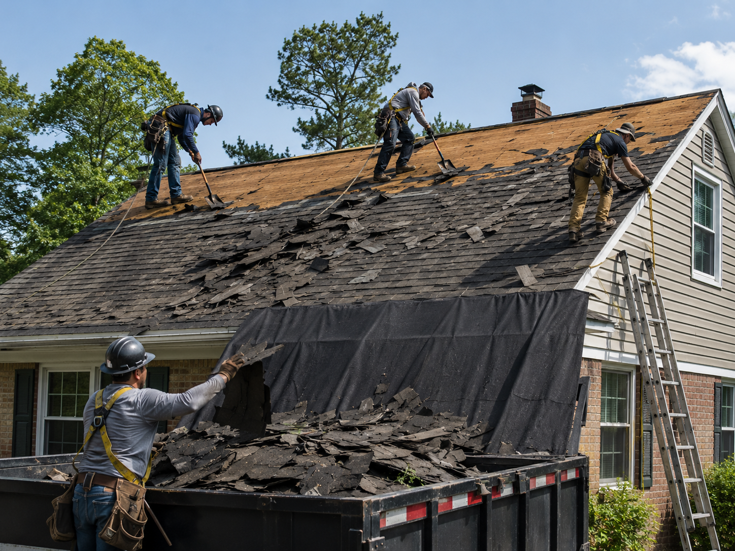 Crew replacing worn shingles on Stanton home during organized daytime roofing project