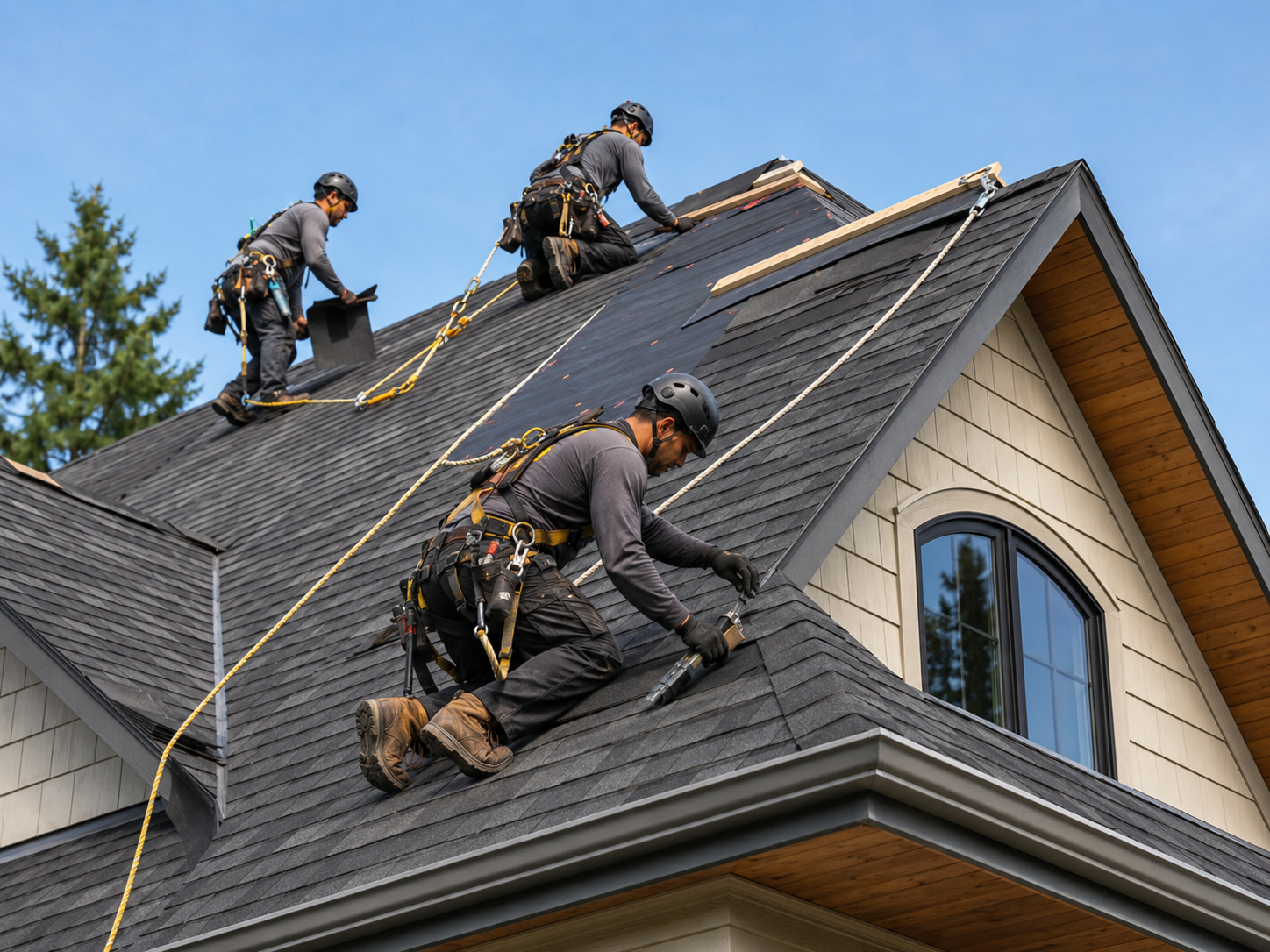Roof Replacement in Forsan - TX underway as a crew removes worn shingles from a home